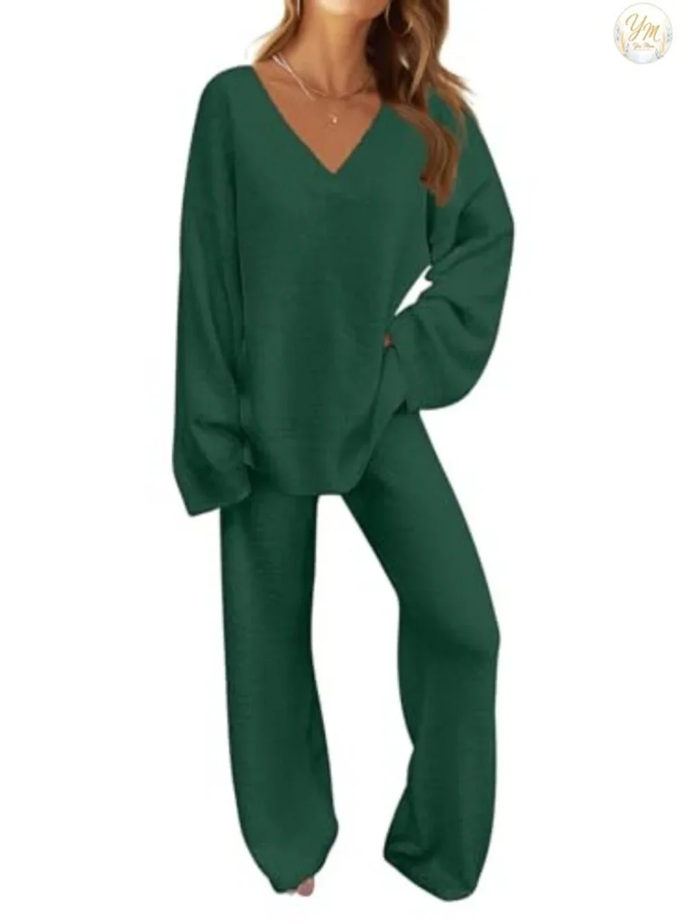Fuzzy Fleece 2 Piece Pajama Lounge Set - Long Sleeve V-Neck